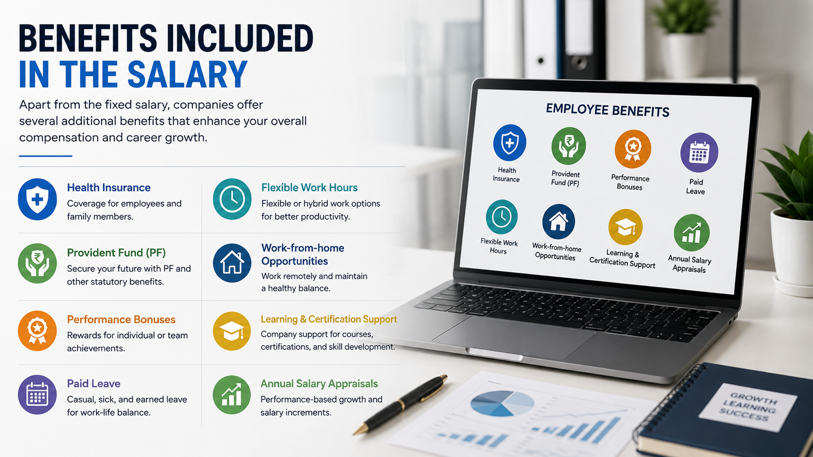 MERN Stack Developer Salary in Kolkata (2026): Freshers & Experienced 5 Employee Benefits Infographic at Work