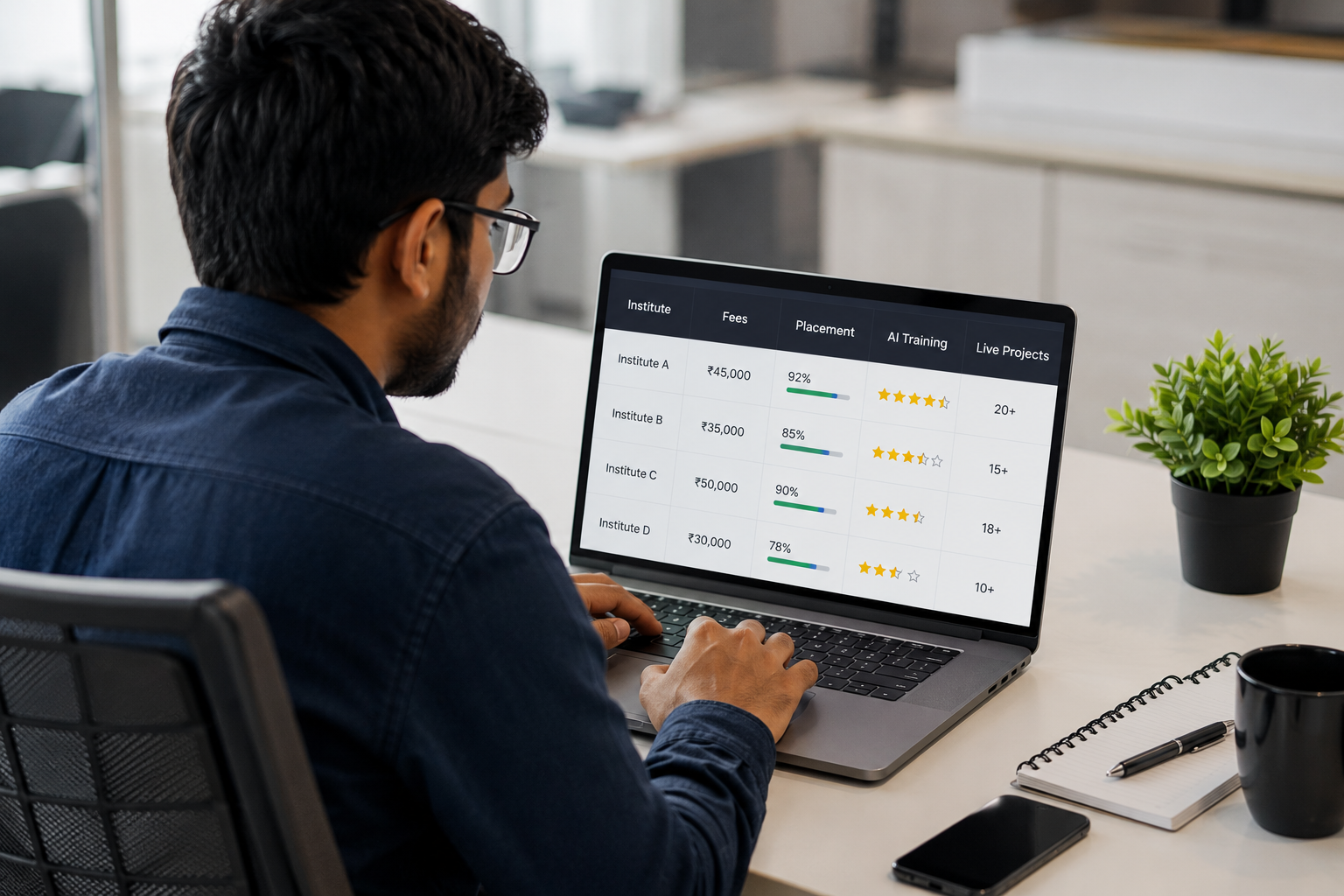 Best Digital Marketing Institute in Kolkata (2026): Honest Comparison, Fees, Placements & AI Curriculum 4 Young Indian student comparing digital marketing institutes on a laptop using a dashboard with fees, placement, AI training and live projects