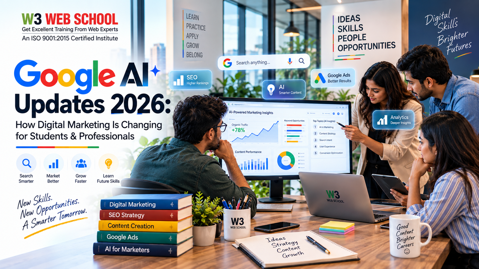 Google AI Updates 2026 showing AI-powered SEO, Google Ads, analytics and digital marketing strategies for students and professionals