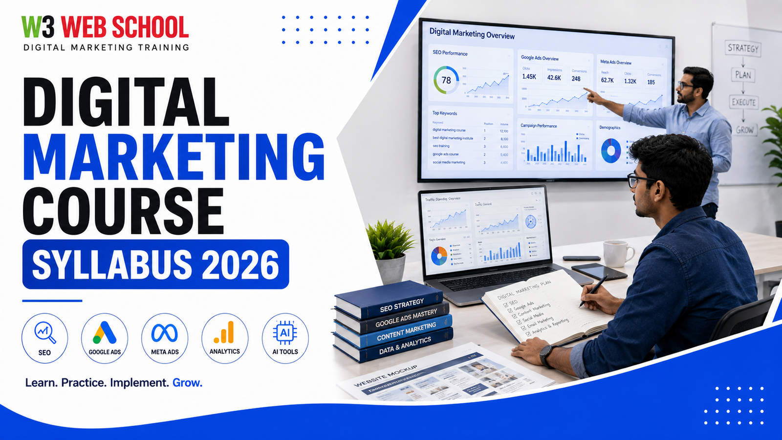 Digital Marketing Course Syllabus 2026 featuring SEO, Google Ads, Meta Ads, Google Analytics 4 and AI tools with mentor-led classroom training at W3 Web School Kolkata