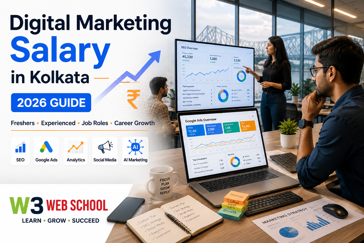 Digital Marketing Salary in Kolkata 2026 guide showing a digital marketing professional working on SEO, Google Ads and analytics in a modern office with W3 Web School branding.