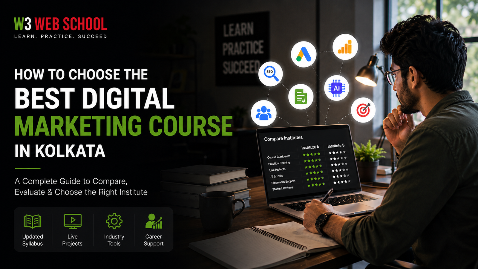 Student comparing digital marketing institutes while choosing the best digital marketing course in Kolkata with SEO, Google Ads, AI and analytics learning concepts.