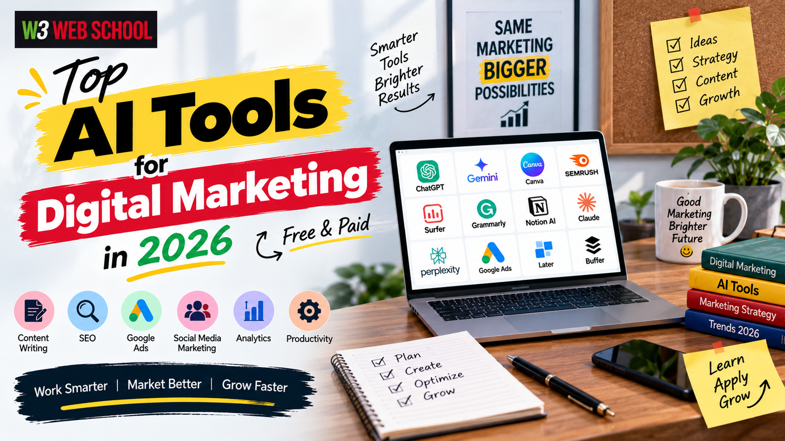 Top AI Tools for Digital Marketing in 2026 including ChatGPT, Google Gemini, Canva AI, Semrush and Surfer SEO