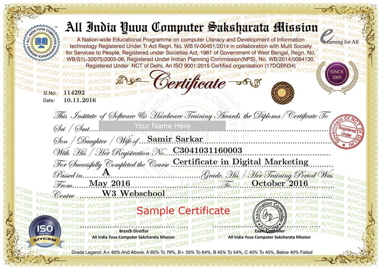 W3 Web School Course Certificate